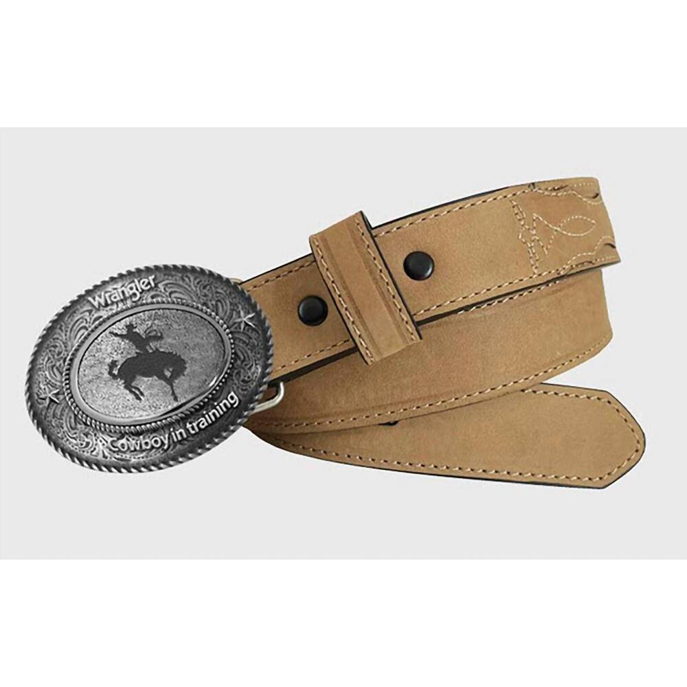 NEW WRANGLER kids horse leather toe bug design belt in tan